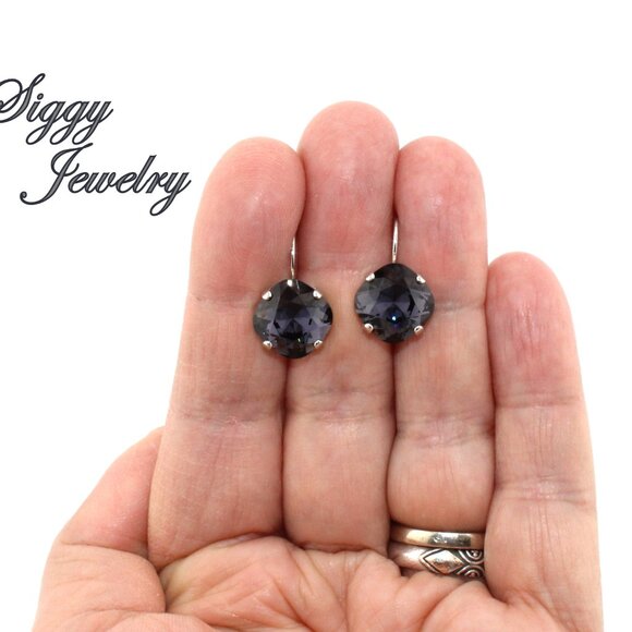 Graphite Earrings Made with 12mm Cushion Cut Genuine Austrian Crystals - Picture 6 of 7